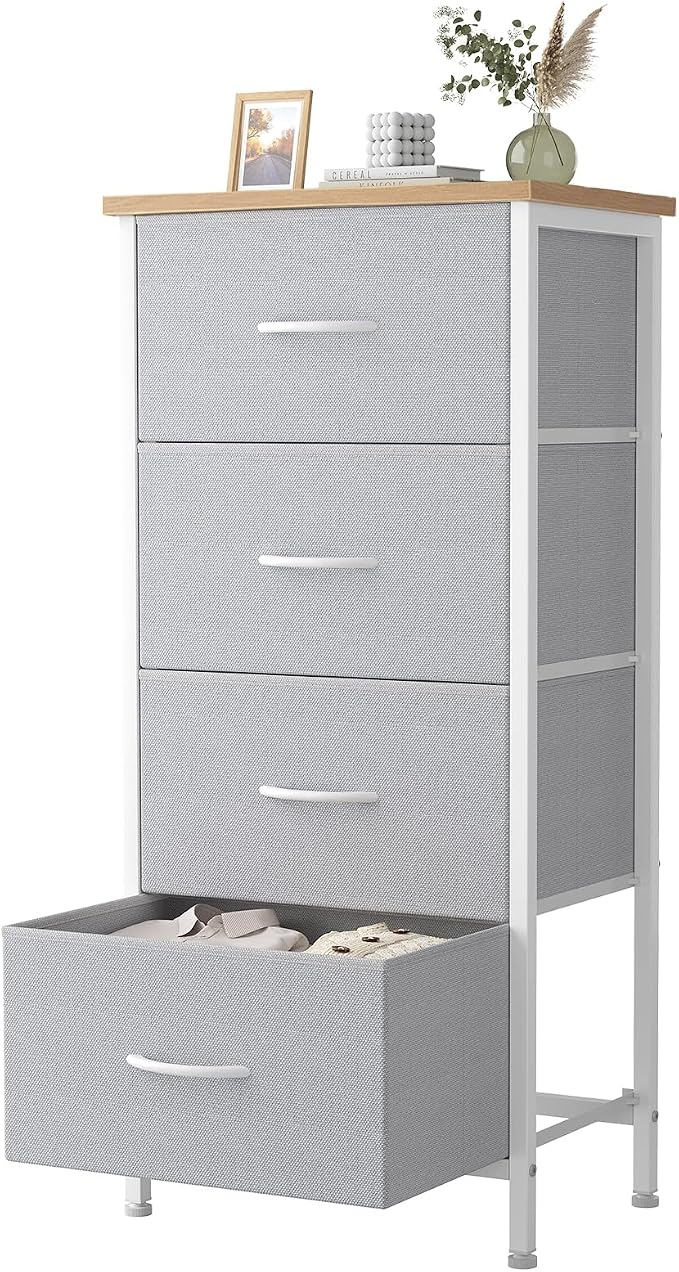 Sweetcrispy 4 Storage Drawer Dresser, Storage Cabinet, Clothes Organizer | Small Fabric Dresser for Closet, Chest of Drawers, Closet Organizer, Home Furniture, Sturdy Frame, Light Gray