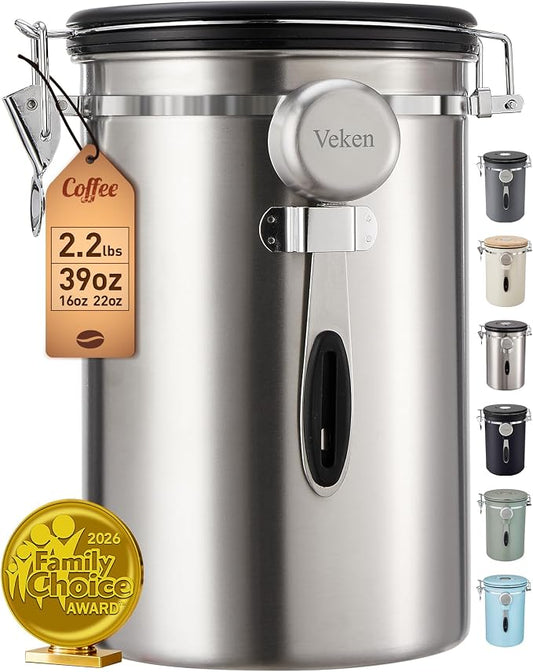Veken Coffee Canister, 39OZ Large, Airtight Stainless Steel Food Storage Container for 2.2lbs Coffee Beans, Ground, Sugar, Tea, Flour, Cereal, Kitchen Bar Accessories with Date Tracker & Scoop, Silver