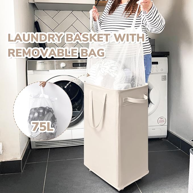 CHICVITA 75L Slim Collapsible Laundry Basket with Wheels & Wash Bag, Ivory | Removable wash bag, slim design for bedroom, laundry room, college dorm. Rolling clothes hamper for dirty laundry