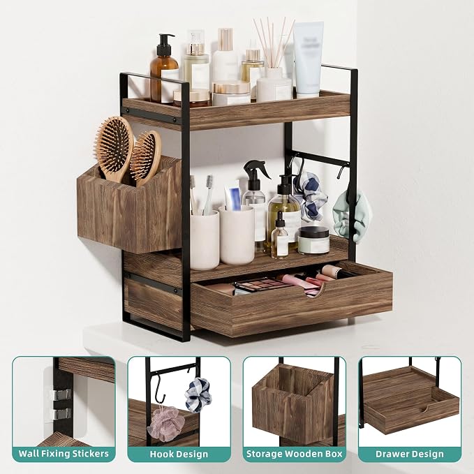 Kottwca 2-Tier Bathroom Counter Organizer with Drawer, Basket & Hooks, Wooden Vanity Shelf for Skincare, Perfume & Makeup Storage(Dark Brown)