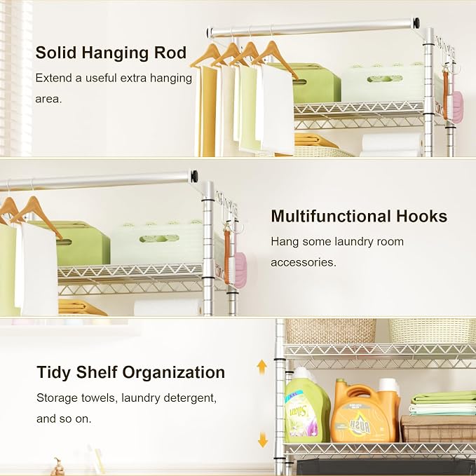 U11 Mini Over Washer and Dryer Shelves, 3 Tiers Laundry Room Storage and Organizer Standing Shelf, Metal Freestanding Clothes Drying Rack, 28.3" W x 19.7" D x 77.6" H, Chrome