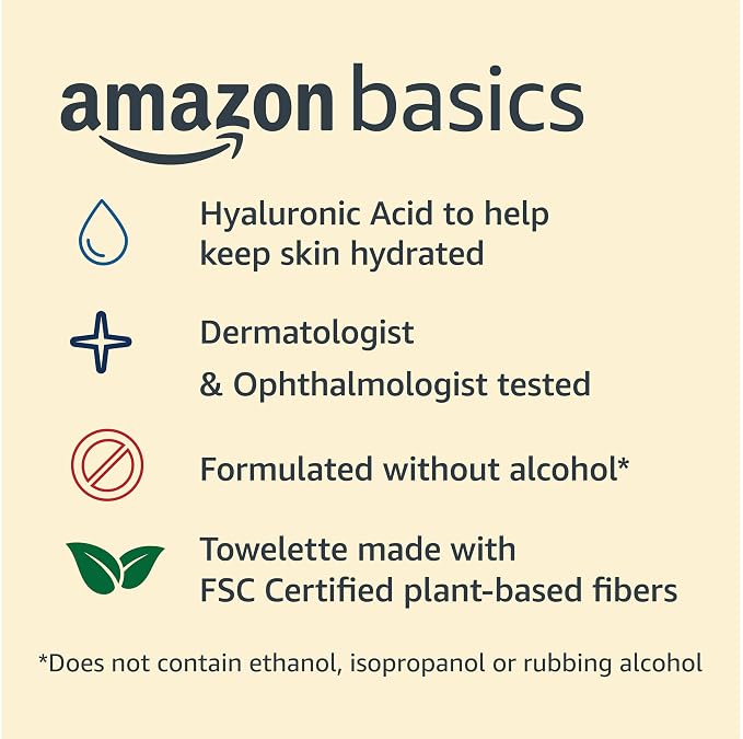 Amazon Basics Makeup Remover Wipes, Gentle Cleansing, Dermatologist Tested, Hydrating with Hyaluronic Acid, Plant-Based, Alcohol-Free, Removes Waterproof Mascara, No-Rinse Formula, 25 Count, 6-Pack