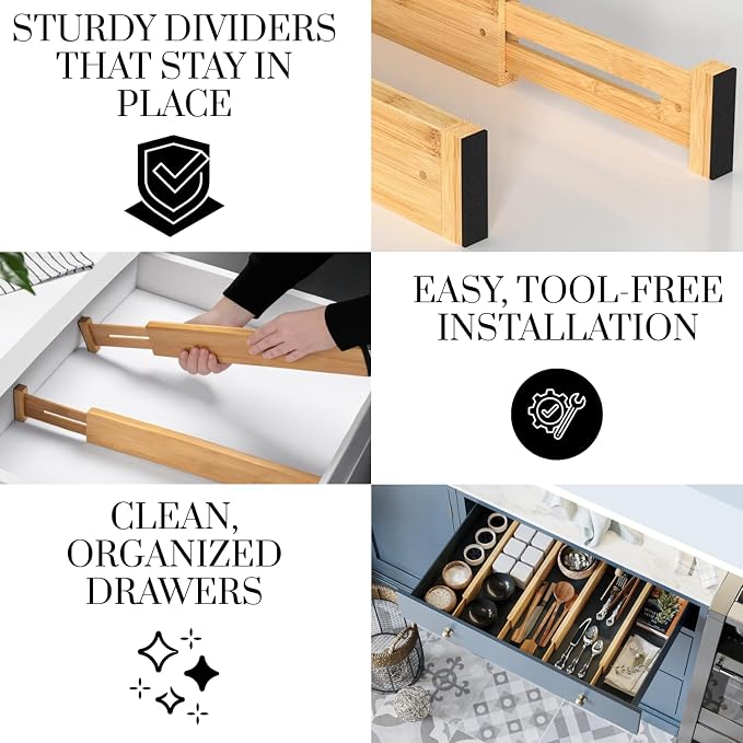 Adjustable Bamboo Drawer Dividers Expandable 8 Pack 17-22 Organizer