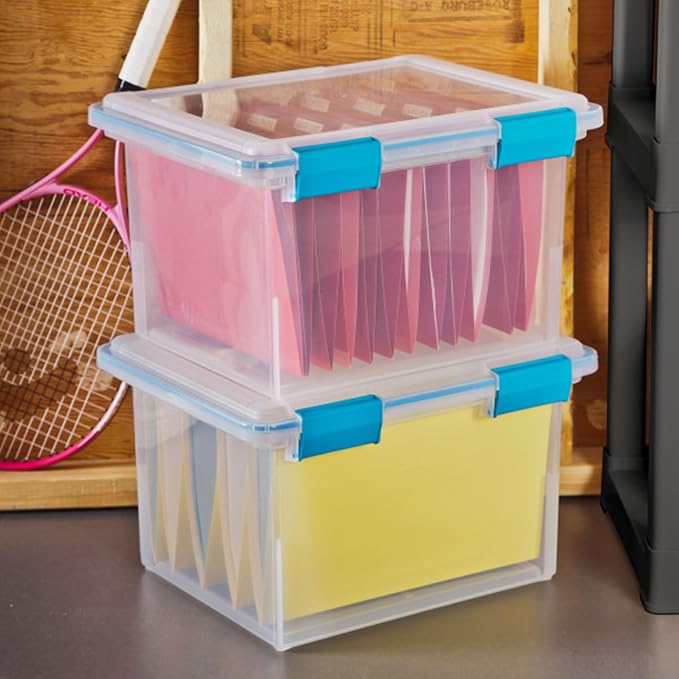 Sterilite Gasket Storage Box with Lids for Home & Office, 32 Quart, 8-Pack | Heavy-Duty, Stackable, and Organizing Containers for Bathroom, Cabinet, Closet, and Garage, Clear and Blue Aquarium Latches