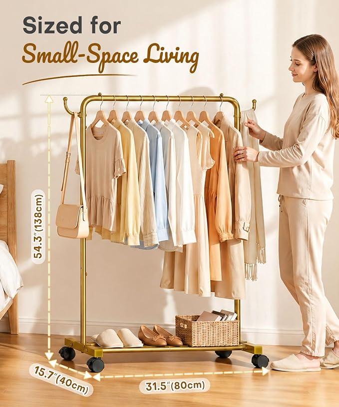 Homde Rolling Clothes Rack with Hooks: Standing Garment Storage for Indoor - Hanging Rod for Bedroom Laundry Room - Coat Dress Organizer on Wheels with luggage shelf (Gold, 31.5")
