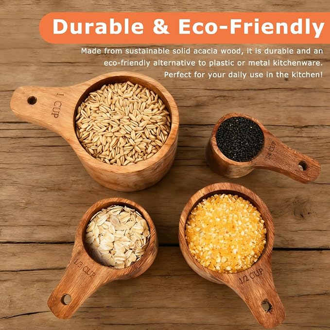 8-Piece Wooden Measuring Cups and Spoons Set, Laser-Engraved, Nesting Design, Measuring Spoons for Dry Ingredients, Kitchen Gadgets for Cooking and Baking