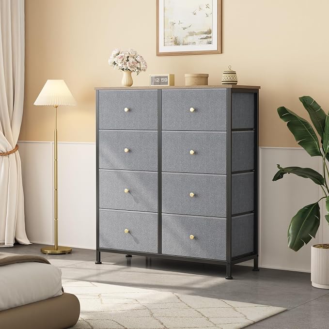 OLIXIS 8 Drawer Storage Dresser for Bedroom, Closet Organizers Units | Fabric Dresser with Wooden Top, Chest of Drawers Clothes Storage, Tower Cabinet, TV Stand Furniture, Gray Blue