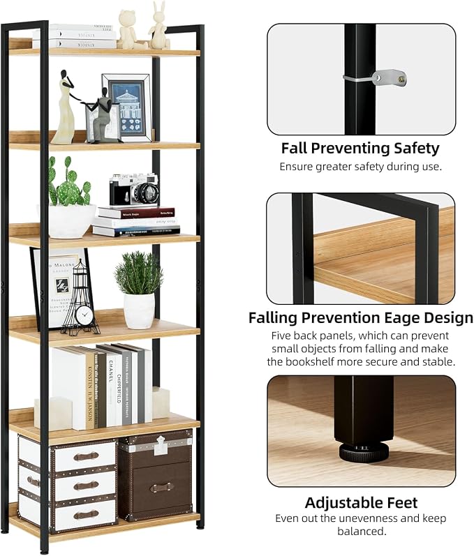 NUMENN Bookshelf, 6 Tier Freestanding Shelving Unit, Natural | Metal Frame & Wood Shelves, Falling Prevention Baffle, Open Storage Bookcase for Bedroom, Living Room & Home Office
