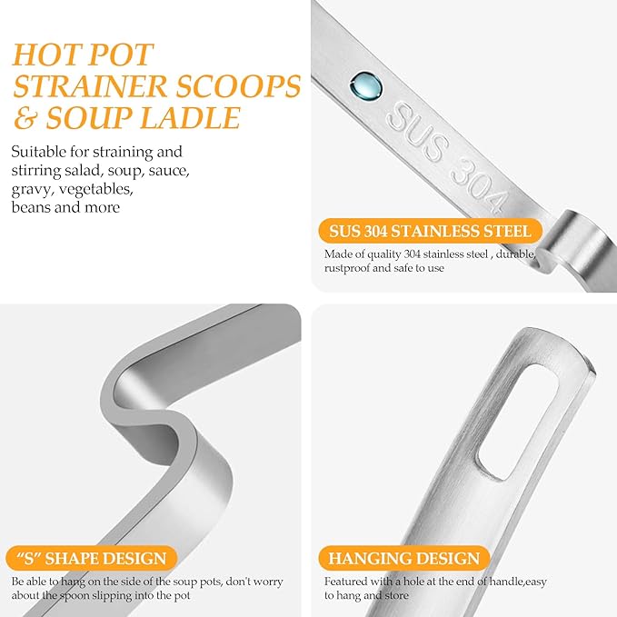 2 Pcs 12 Inch Stainless Steel Hot Pot Slotted Ladle Set, Soup Ladle Strainer Scoops Cooking Skimmer Utensil For Hotpot Scooping Sauce Serving