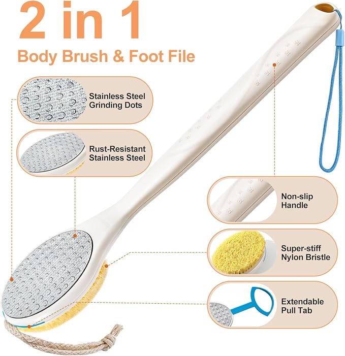BUBBLEDANCE® Long Handle Foot Scrubber & Brush – 2-in-1 for Shower | Stainless steel removes calluses & rough heels; nylon bristles exfoliate feet; extendable 17.5"-31.9"; non-slip, rust-proof