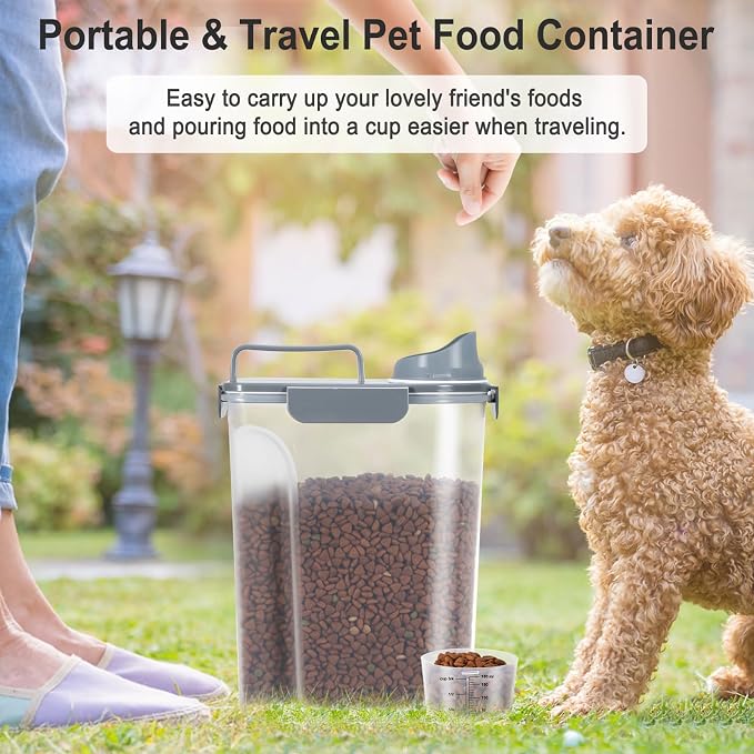 Dog Cat Food Storage Container, Pet Food Pourable Container Airtight with Large Spout & Cup, BPA-Free Plastic Food Dispenser for Pet Food, Bird Seed, Rice, Flour (Dark Gray, 5L)