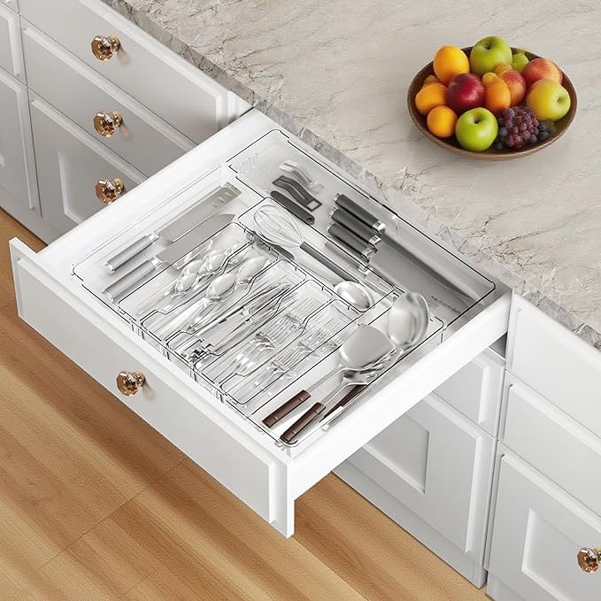 Expandable Utensil Drawer Organizer, Clear Plastic Silverware Tray for Drawers 9 Compartments Adjustable Non-Slip Drawer Storage Organizer for Tableware Knives Forks Spoons Tools Stationery