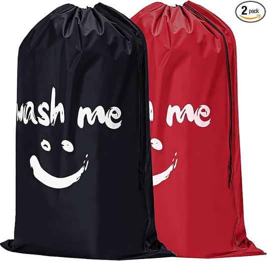 HOMEST 2 Pack XL Wash Me Travel Laundry Bag, Dirty Clothes Organizer, Large Enough to Hold 4 Loads of Laundry, Easy Fit a Laundry Hamper or Basket | Holds 3-4 Loads, Machine Washable Drawstring Laundry Bag for Dorm, Camp, Laundromat,Family,Travel,Black...