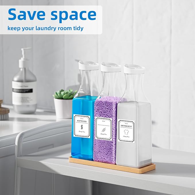 Laundry Detergent Dispenser,54OZ Laundry Soap Dispenser,Liquid Laundry Detergent Container,Fabric Softener Dispenser with Bamboo Wood Tray,Laundry Room Organizer with 4 Labels