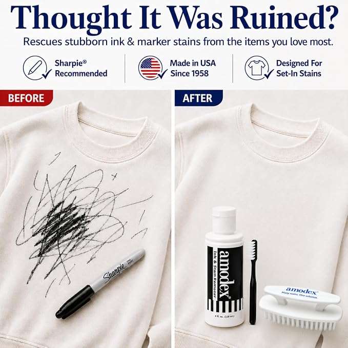 Amodex Ink & Stain Kit with Stain Remover Brushes, Removes Ink, Sharpie, Grease, Food and More, Safe and Effective on Clothes, Leather and Skin, Includes 1 Bottle and 2 Brushes