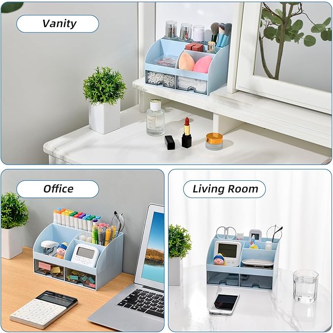 VITVITI Toothbrush Holders for Bathrooms Countertop, 5 Slots Toothpaste Bathroom Counter Sink Organizer with Drawers, Plastic Bathroom Organizer for Vanity/Makeup/Office Blue
