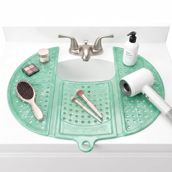 Sink Topper Bathroom Sink Cover for Counter Space, Standard Green | Holds up to 7 lb on a steel frame; fits over basins to 19 in; 480°F silicone, hot tools; foldable makeup mat; RV, camper