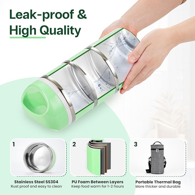 Lille Home Stackable Stainless Steel Thermal Compartment Lunch/Snack Box, 3-Tier Insulated Bento/Food Container with Lunch Bag and Three Extra Seals, 43OZ (Green)