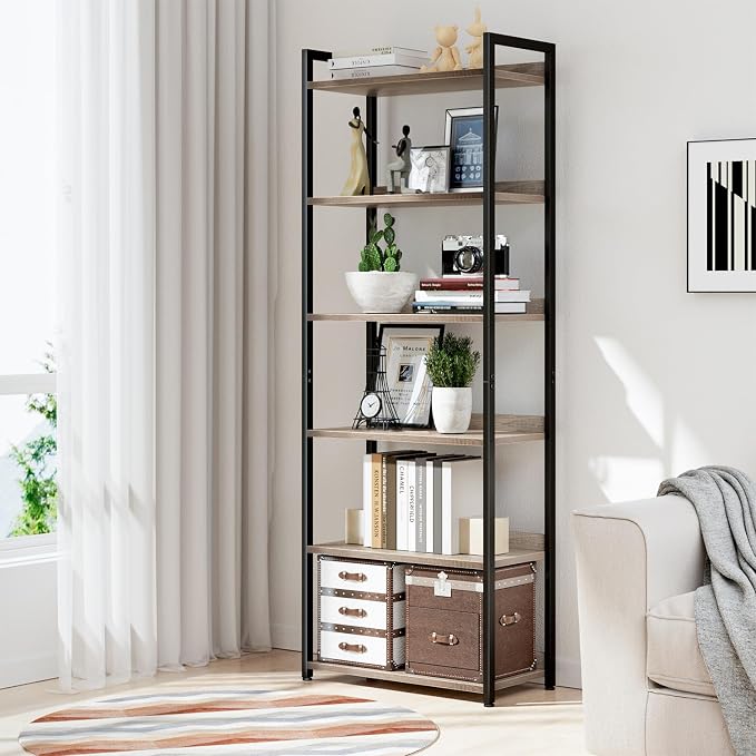 NUMENN Bookshelf, 6 Tier Freestanding Shelving Unit, Grey | Metal Frame & Wood Shelves, Falling Prevention Baffle, Open Storage Bookcase for Bedroom, Living Room & Home Office