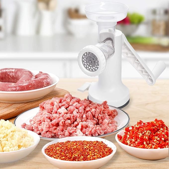 LHS Manual Meat Grinder, Heavy Duty Meat Mincer Sausage Stuffer,Hand Grinder with Stainless Steel Blades for Meat, Sausage, Cookies, Easy to Clean(3 in 1,White)