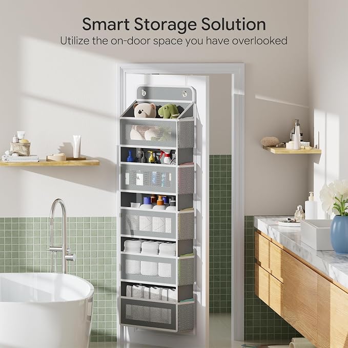 Simple Trending Over The Door Hanging Organizer, 5-Tier Shelves with 5 Large & 5 Side Pockets, Anti-Tilt Heavy Duty 44 lb Capacity Behind Door Storage for Bedroom, Bathroom, Pantry, Nursery, Grey