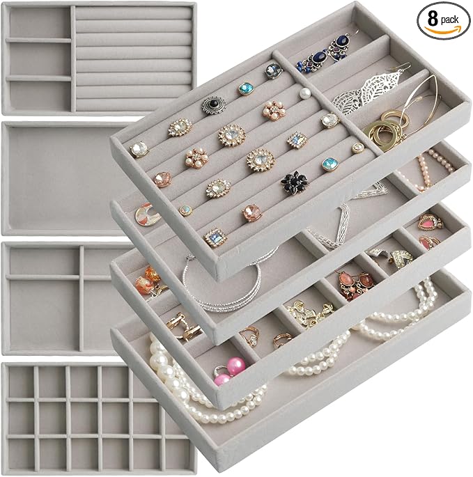 8 Set Jewelry Organizer for Drawer Velvet Jewelry Trays, Jewelry Trays for Drawers Easy To Store Your Jewelry Storage Display Tray for Earring Necklace Rings Bracelet (Grey)