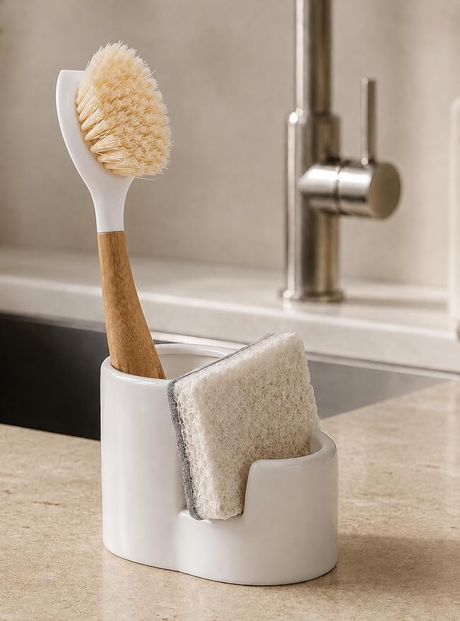 Ceramic Sponge Holder for Kitchen Sink, 2-in-1 Sponge & Brush Organizer, Compact Sink Caddy with Raised Edge to Catch Drips, Keeps Countertops Dry, Dishwasher Safe, Rustproof, White