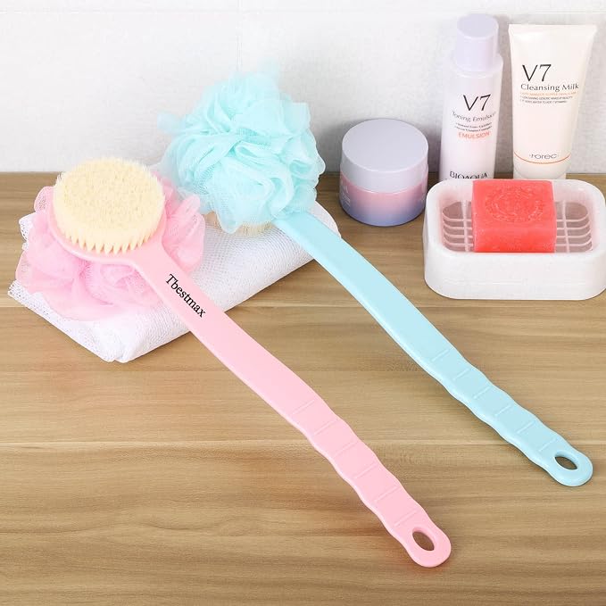 Tbestmax Loofah Back Scrubber Long Handle Shower Body Brush with Soft Mesh Sponge for Women Skin Exfoliating Bath, Massage
