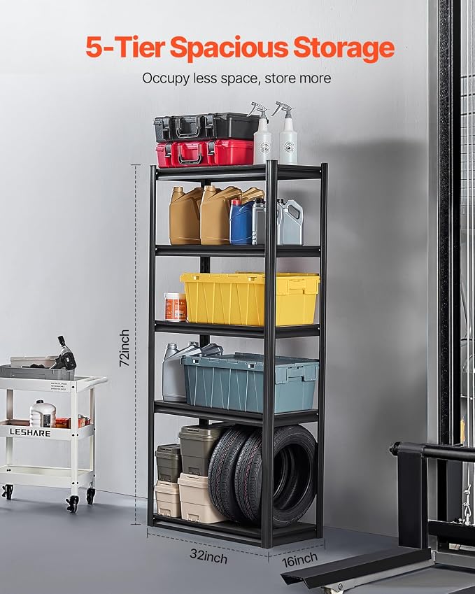 VEVOR Storage Shelves, 2000 lbs, 5 Tier Garage Storage Shelving, 16" D x 32" W x 72" H Adjustable Metal Shelves for Garage Shelves Utility Rack Shelf, Ideal for Kitchen, Warehouse, Basement, Black