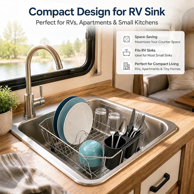 Small In Sink Dish Drying Rack, Stainless Steel Compact Dish Drainer with Removable Utensil Holder & 8 Cup Hooks, Rust-Resistant Rack for RV, Camper, Apartment & Small Kitchen, 11.6"W x 13.4"L, Silver