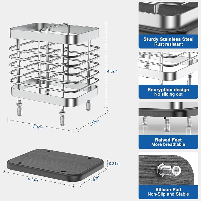 Utensil Holder for Kitchen Counter, Small Stainless Steel Cutlery Holder Organizer with Drying Diatomaceous Earth Base, 2 Slots Utensil Drying Rack Spoon Fork Organizer Crock Storage, Sliver
