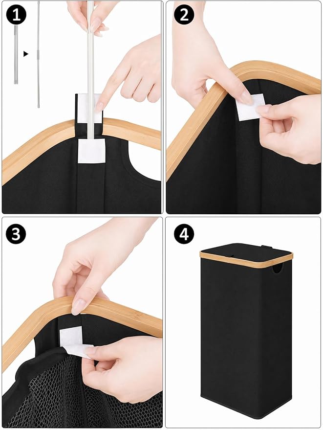 IEGrow Laundry Hamper with Lid, 110L Laundry Basket with Bag,Black | Dirty Clothes Hamper Basket with Bamboo Handle for Clothes Towels Organization
