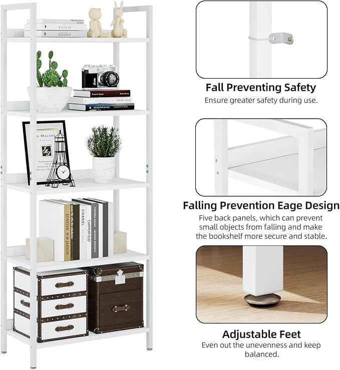 NUMENN Bookshelf, 5 Tier Freestanding Shelving Unit, White | Metal Frame & Wood Shelves, Falling Prevention Baffle, Open Storage Bookcase for Bedroom, Living Room & Home Office
