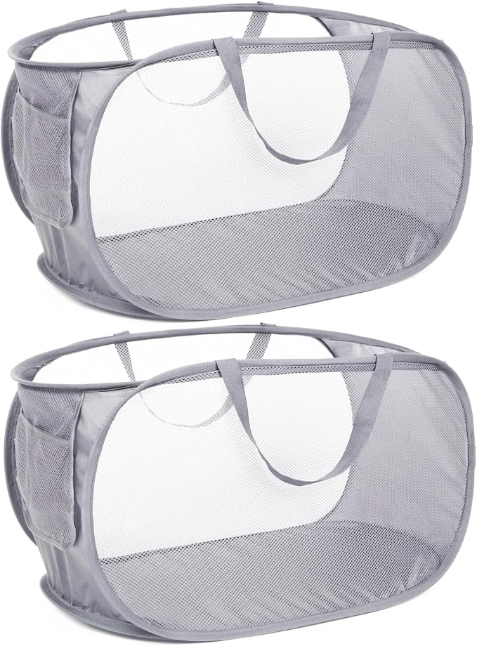 Durable Collapsible Laundry Baskets, Mesh Pop Up Laundry Hamper with Side Pocket, Foldable Clothes Hamper with Reinforced Carry Handles for Laundry, Bathroom, Kids Room, Dorm or Travel 2 Pack Grey