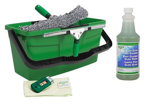 Unger Commercial Window Cleaning Kit Set – Microfiber Sleeve, 14'' ErgoTec Squeegee, 3 Gallon Bucket, 1L Glass Cleaner, Safety Scraper, Microfiber Cloth – Professional Window Cleaning Equipment, WNK15