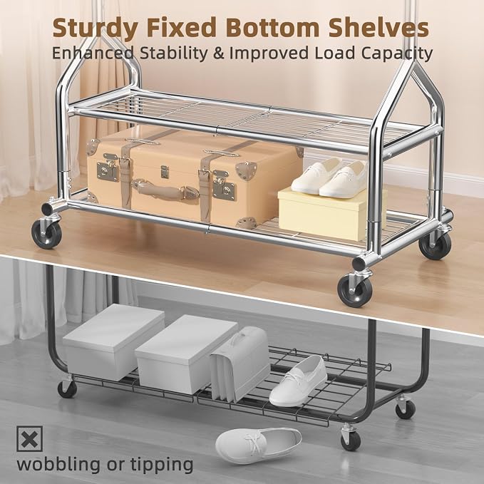 EAGMAK Heavy Duty Clothes Rack Load 556 LBS, Rolling Clothing Rack With Shelves, Height Adjustable Metal Clothes Hanger with Wheels Portable Wardrobe Organizer Garment Rod for Hanging Clothes (Silver)