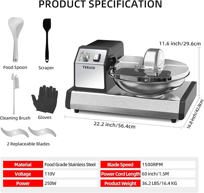 Commercial Food Processor, 250W Heavy Duty Electric Meat Grinders with 1500RPM Blade Speed, 6QT Stainless Steel Food Bowl and 0-15 Mins Timer, CE Certified Vegetable Chopper Food Mixer,110V