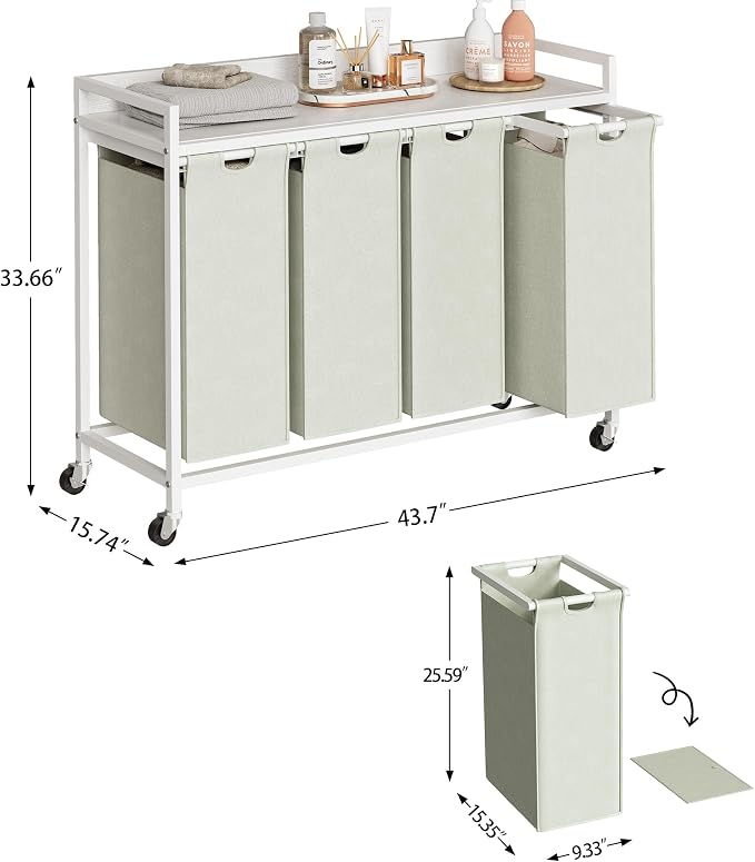 Herture Laundry Hampers with Shelf, Laundry Basket 4 Section, 4 x 15.87 Gal | Laundry Sorter with Pull-Out Removable Large 4 White Bags and Movable Wheels, Metal Frame, White PF07XLW