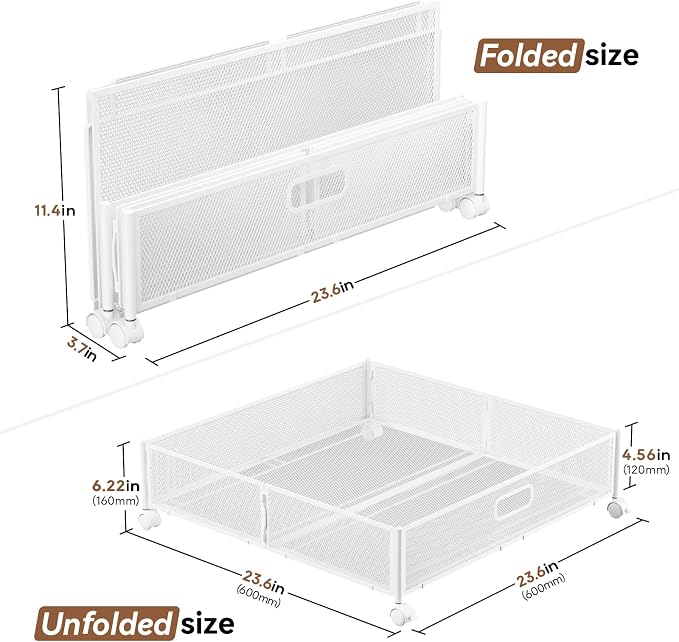PHINOX Under Bed Storage with Wheels & Handle,Metal,Large,2 Pack,White | Tool-free assembly, glide smoothly, easy reach, foldable, maxmazie low-profile beds, dorm, keep seasonal clothes, shoes fresh