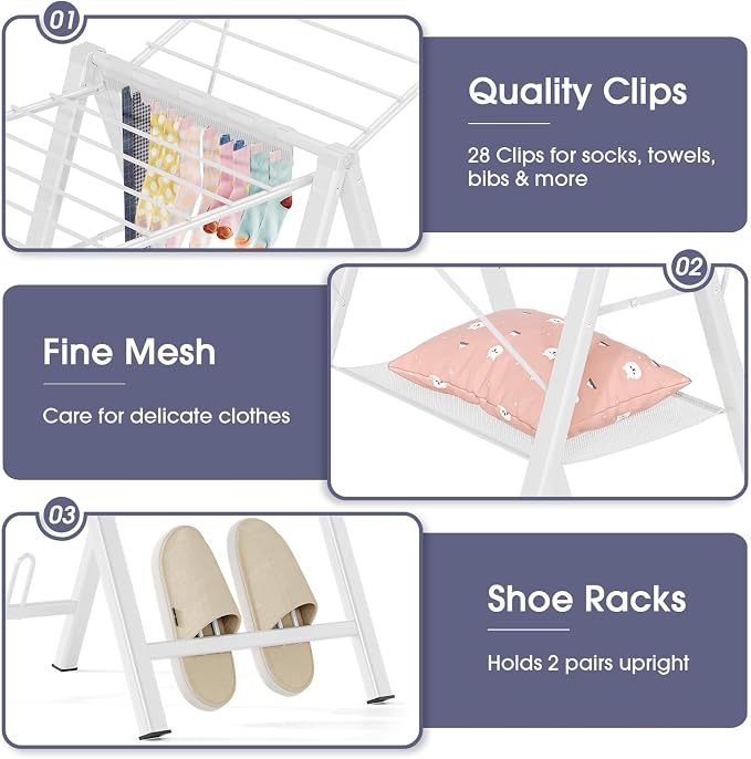 APEXCHASER Clothes Drying Rack, 67.7" L Height Adjustable, Foldable, White | 1.5"Folded, No Assembly, Space-Saving, Spacious Design, Adjustable Wings, Clips, Mesh Shelf, Shoe Rack, Indoor & Outdoor Use