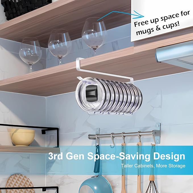 Tumbler Lid Organizer for Corner Cabinets, Space-Saving Coffee Cup Holder, Water Bottle Accessories Storage, Kitchen Storages Organization , No Adhesive or Drilling Needed up to 24 Lids (white)