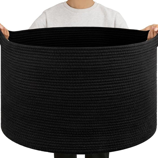 OIAHOMY 105L Extra Large Blanket Basket - Decorative Cotton Rope Storage Basket for Bedroom, Living Room & Nursery - Woven Laundry Hamper for Organizing Blankets, Clothes & Toys - Black
