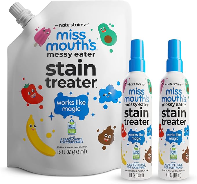 Miss Mouth's Messy Eater Stain Treater Kit, 2 Sprays & 16 Oz Refill | Newborn & Baby Essentials; Cleans Off Food, Grease, Coffee; Use on Laundry, Underwear, Fabric