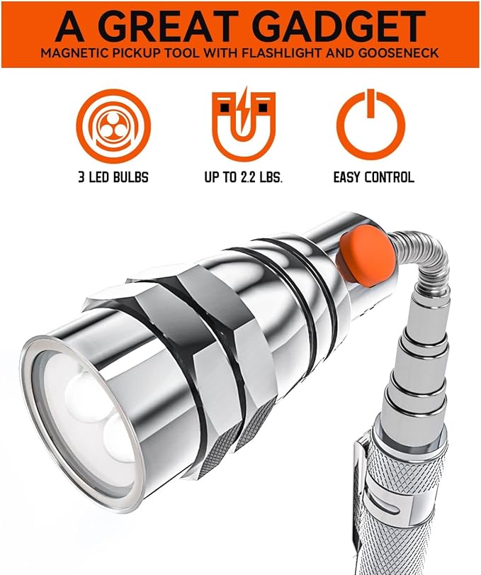 Extendable Magnetic Flashlight with Telescoping Magnet Pickup Tool, 2 Pack | Cool Gadget, Dad Gifts, Birthday Gifts for Men, Dad, Husband, Him, Father, Mechanic, Boyfriend, Women, Silver