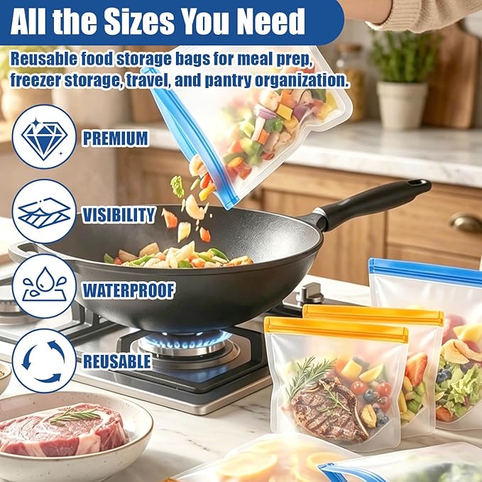 20Pack Dishwasher Safe Reusable Bags, 3Size Leakproof Reusable Silicone Freezer Bags Food Storage Containers for Meal Prep Containers, Lunch Sandwich Bag for Salad Fruit, Vegetables, Home Organization