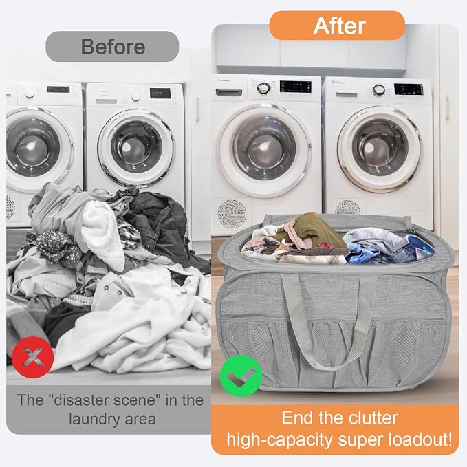 2 Pack Collapsible Laundry Baskets with Lid, Foldable Laundry Basket with Pockets, Pop Up Hamper with Dual Handles, 99L Sturdy Hampers for Clothes, Groceries, Supplies, Tools, Grey