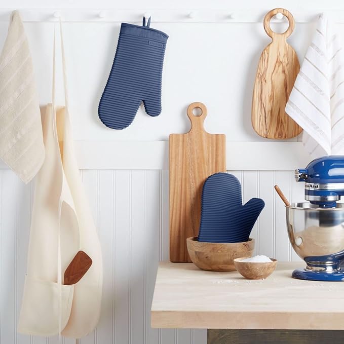 KITCHENAID Ribbed Soft Silicone Oven Mitt 2-Pack Set, 7.5"x13", Blue Willow