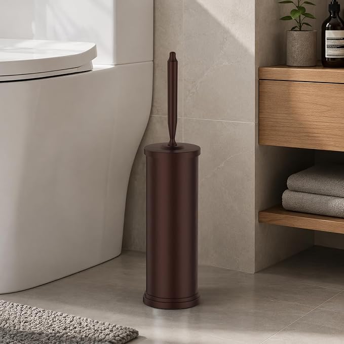 Stainless Steel Toilet Brush and Holder Set : Weighted Stable Base, Removable Inner Tube.Long Handle Toilet Bowl Brush Splash-Proof Design for Deep Cleaning & Space-Saving Storage,Bronze