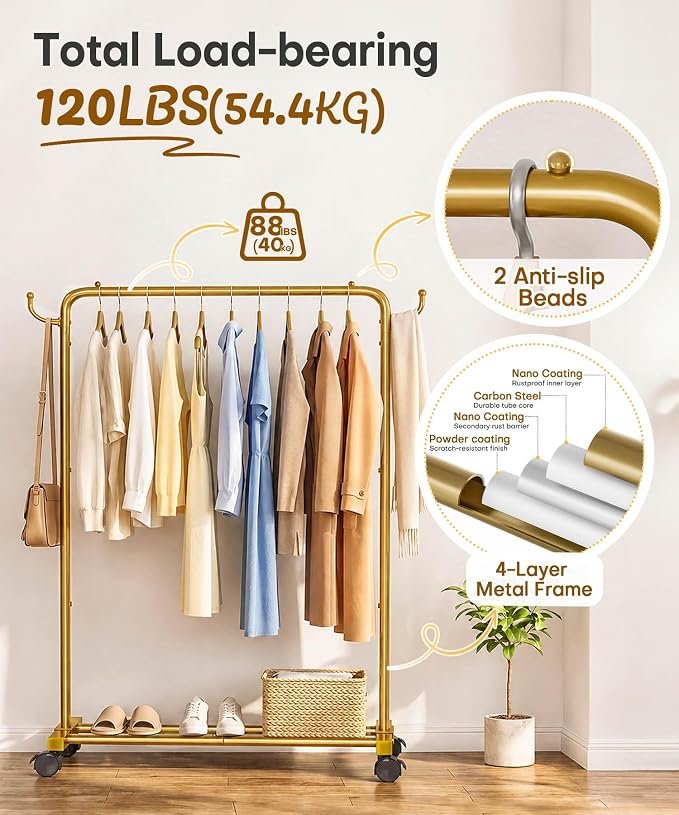 Homde Rolling Clothes Rack with Hooks: Standing Garment Storage for Indoor - Hanging Rod for Bedroom Laundry Room - Coat Dress Organizer on Wheels with luggage shelf (Gold, 31.5")