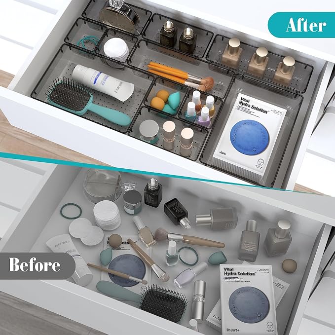StorMiracle 33 PCS Clear Plastic Drawer Organizers Set, 4 Size Desk Drawer Organizer Trays for Makeup, Jewelry, Kitchen Utensils, Gadgets and Office Accessories, Black